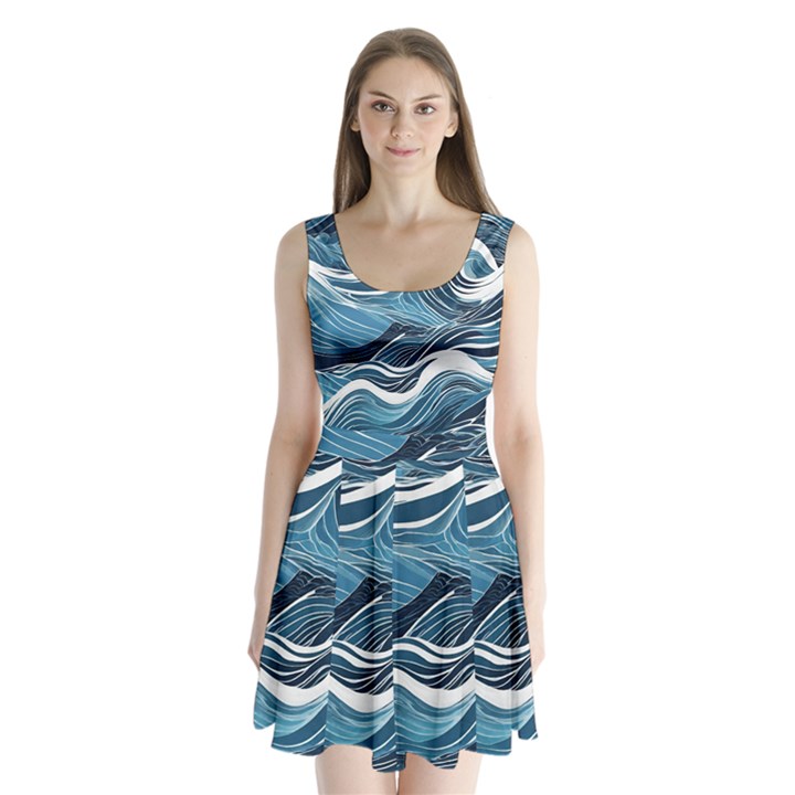 Abstract Blue Ocean Wave Split Back Mini Dress 