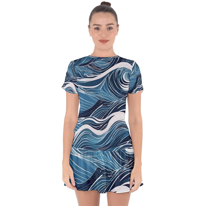 Abstract Blue Ocean Wave Drop Hem Mini Chiffon Dress