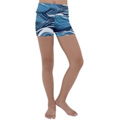 Abstract Blue Ocean Wave Kids  Lightweight Velour Yoga Shorts