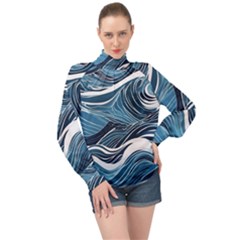 Abstract Blue Ocean Wave High Neck Long Sleeve Chiffon Top by Jack14