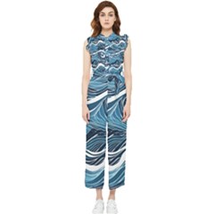 Abstract Blue Ocean Wave Women s Frill Top Chiffon Jumpsuit by Jack14