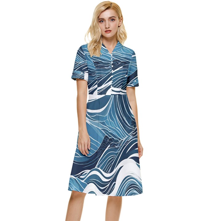 Abstract Blue Ocean Wave Button Top Knee Length Dress