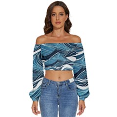 Abstract Blue Ocean Wave Long Sleeve Crinkled Weave Crop Top by Jack14