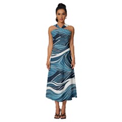 Abstract Blue Ocean Wave Sleeveless Cross Front Cocktail Midi Chiffon Dress by Jack14