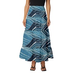 Abstract Blue Ocean Wave Tiered Ruffle Maxi Skirt by Jack14