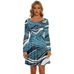 Abstract Blue Ocean Wave Long Sleeve Wide Neck Velvet Dress by Jack14