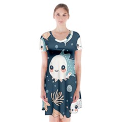 Fish Pattern Short Sleeve V-neck Flare Dress by Valentinaart