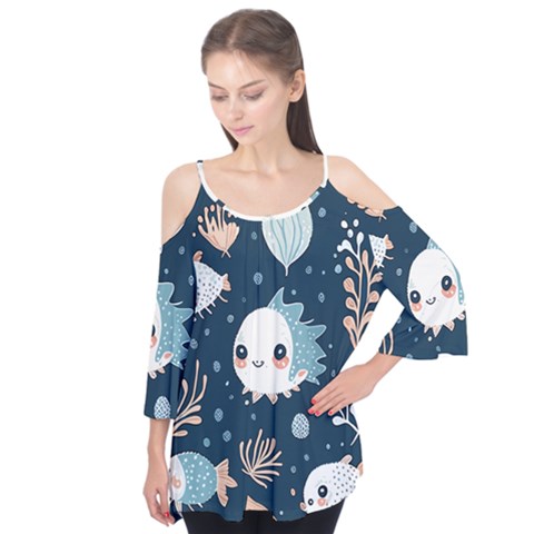 Fish Pattern Flutter Sleeve T-shirt  by Valentinaart