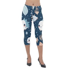 Fish Pattern Lightweight Velour Capri Leggings  by Valentinaart