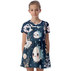 Fish Pattern Kids  Short Sleeve Pinafore Style Dress by Valentinaart