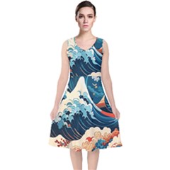 Wave Pattern V-neck Midi Sleeveless Dress  by Valentinaart