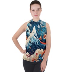 Wave Pattern Mock Neck Chiffon Sleeveless Top by Valentinaart