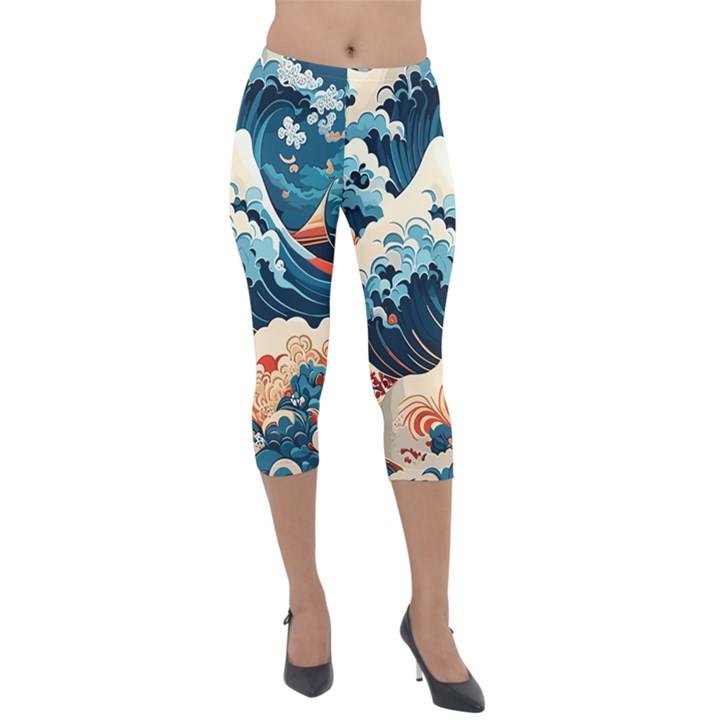 Wave pattern Lightweight Velour Capri Leggings 