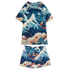 Wave Pattern Kids  Swim T-shirt And Shorts Set by Valentinaart