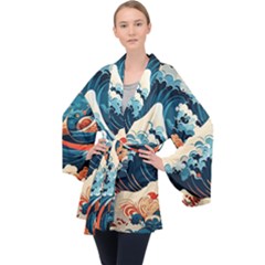 Wave Pattern Long Sleeve Velvet Kimono  by Valentinaart