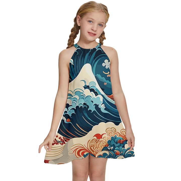 Wave pattern Kids  Halter Collar Waist Tie Chiffon Dress