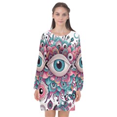 Eyes Pattern Long Sleeve Chiffon Shift Dress  by Valentinaart