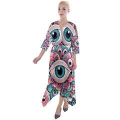 Eyes Pattern Quarter Sleeve Wrap Front Maxi Dress by Valentinaart