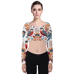 Birds Velvet Long Sleeve Crop Top by Valentinaart