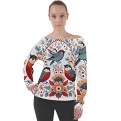 Birds Off Shoulder Long Sleeve Velour Top by Valentinaart