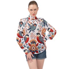 Birds High Neck Long Sleeve Chiffon Top by Valentinaart