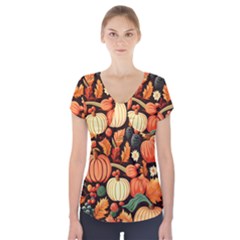 Thanksgiving Pattern Short Sleeve Front Detail Top by Valentinaart