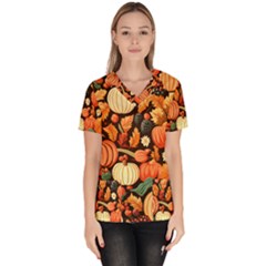 Thanksgiving Pattern Women s V-neck Scrub Top by Valentinaart