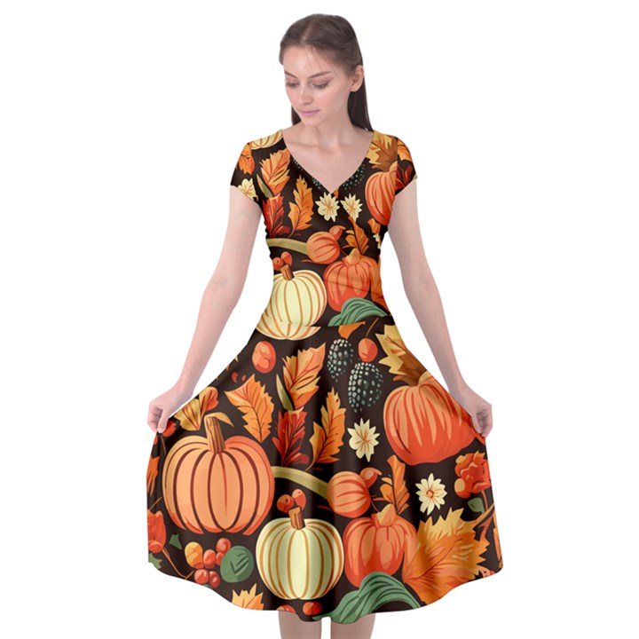 Thanksgiving pattern Cap Sleeve Wrap Front Dress