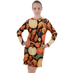 Thanksgiving Pattern Long Sleeve Hoodie Dress by Valentinaart