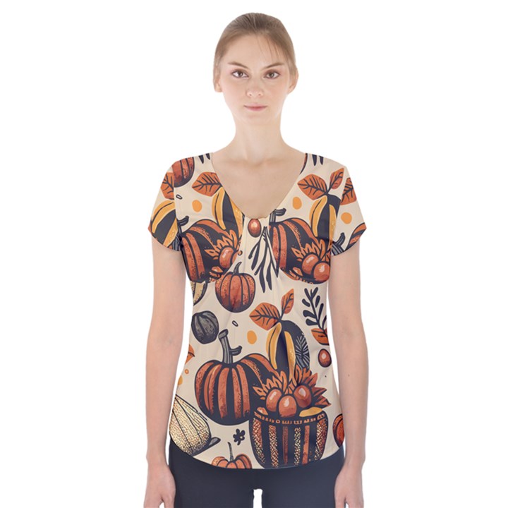 Thanksgiving pattern Short Sleeve Front Detail Top