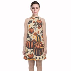 Thanksgiving pattern Velvet Halter Neckline Dress 