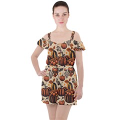 Thanksgiving pattern Ruffle Cut Out Chiffon Playsuit