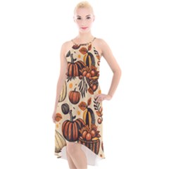 Thanksgiving pattern High-Low Halter Chiffon Dress 