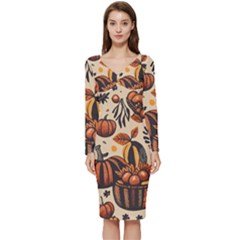 Thanksgiving pattern Long Sleeve V-Neck Bodycon Dress 