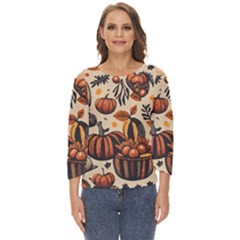 Thanksgiving pattern Cut Out Wide Sleeve Top