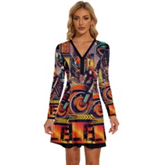 A Little Cat Long Sleeve Deep V Mini Dress  by Internationalstore