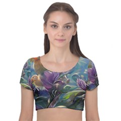 Abstract Blossoms  Velvet Short Sleeve Crop Top  by Internationalstore