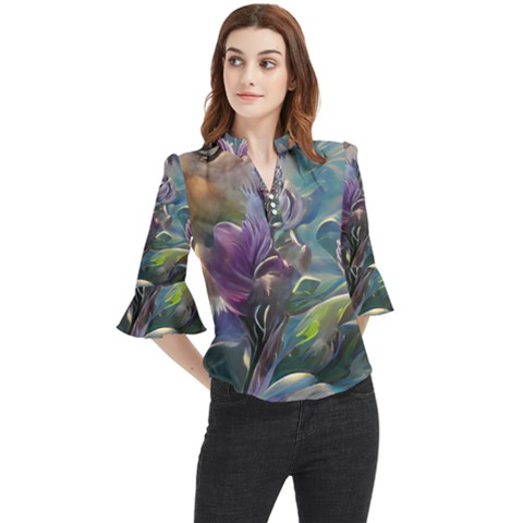 Abstract Blossoms  Loose Horn Sleeve Chiffon Blouse by Internationalstore