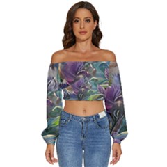 Abstract Blossoms  Long Sleeve Crinkled Weave Crop Top by Internationalstore