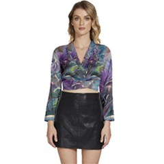 Abstract Blossoms  Long Sleeve Tie Back Satin Wrap Top