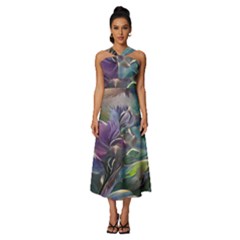 Abstract Blossoms  Sleeveless Cross Front Cocktail Midi Chiffon Dress by Internationalstore