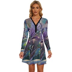 Abstract Blossoms  Long Sleeve Deep V Mini Dress  by Internationalstore