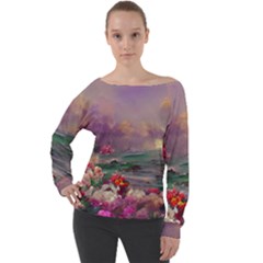 Abstract Flowers  Off Shoulder Long Sleeve Velour Top