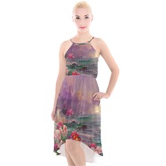 Abstract Flowers  High-low Halter Chiffon Dress 