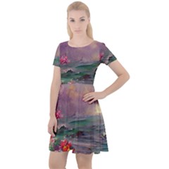 Abstract Flowers  Cap Sleeve Velour Dress 