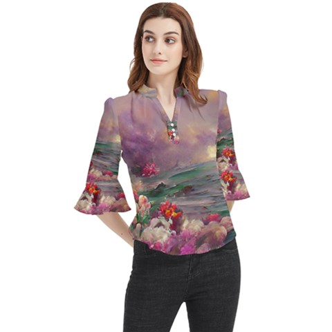 Abstract Flowers  Loose Horn Sleeve Chiffon Blouse by Internationalstore