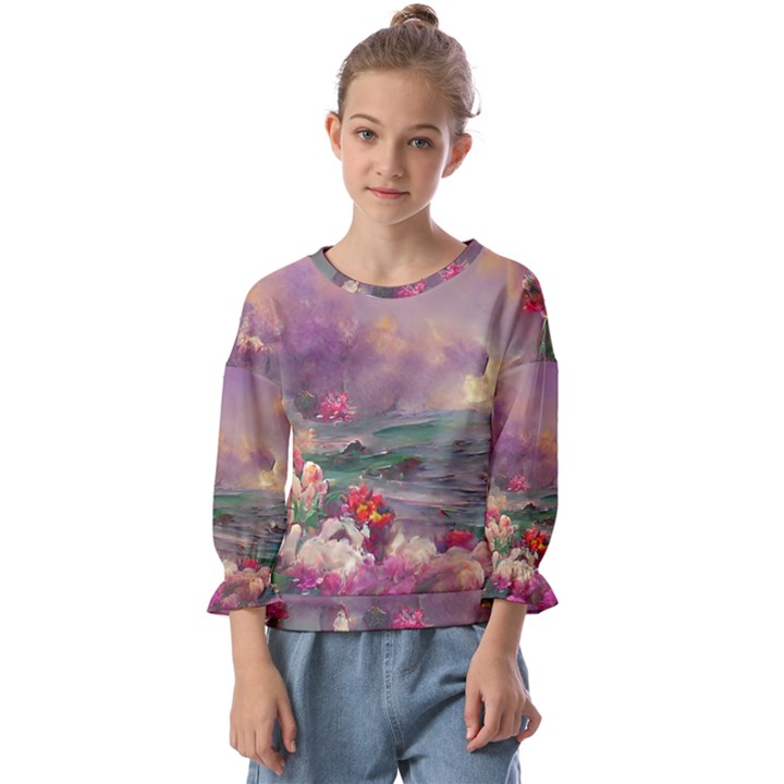 Abstract Flowers  Kids  Cuff Sleeve Top