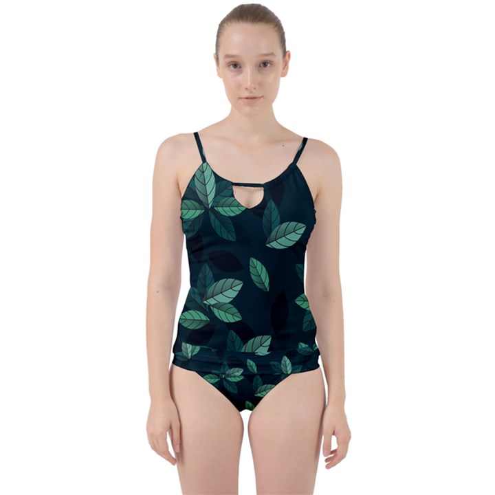 Foliage Cut Out Top Tankini Set