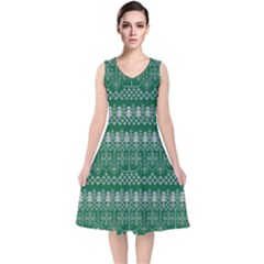 Christmas Knit Digital V-neck Midi Sleeveless Dress 