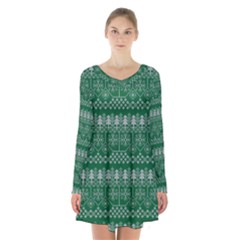 Christmas Knit Digital Long Sleeve Velvet V-neck Dress